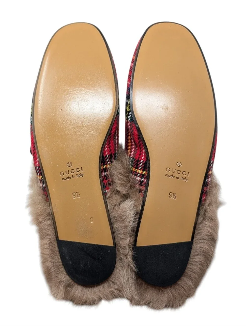 NEW Gucci GG Men's Red Plaid Fur Princetown Loafer Size 9.5